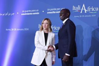 Italian prime minister Giorgia Meloni welcomes Kenyan president William Ruto at the Italy-Africa conference in January.