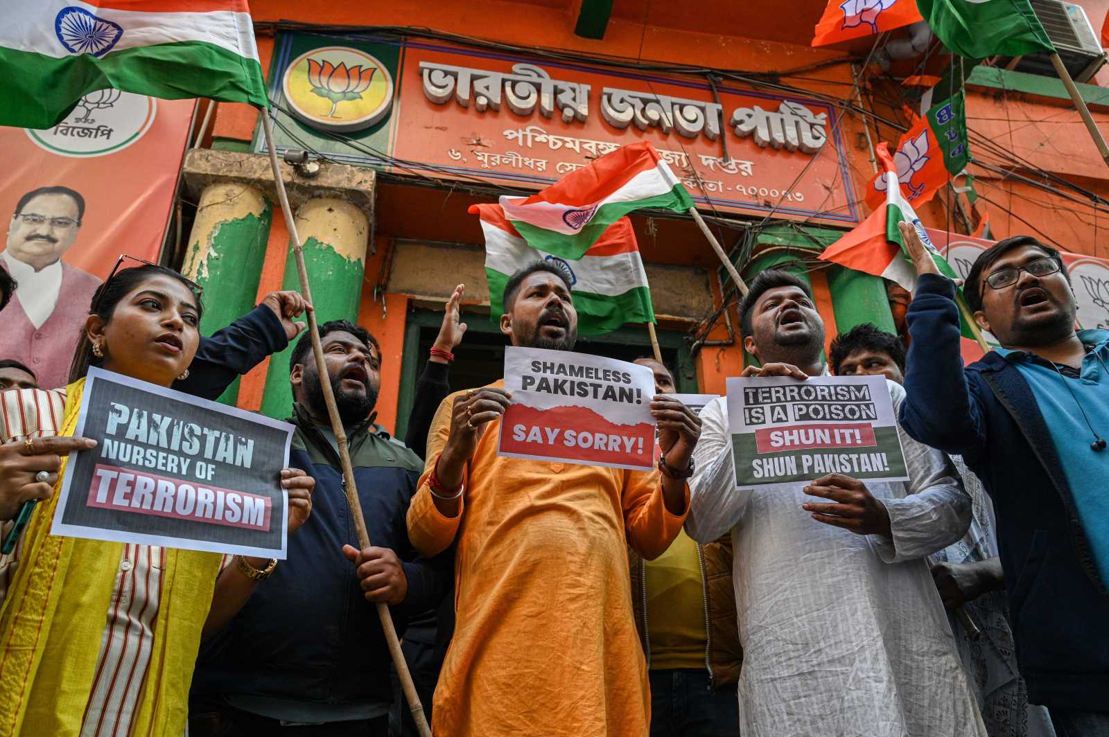 Activists of India's ruling BJP shout slogans during a demonstration to protest against Pakistan's Foreign Minister Bilawal Bhutto Zardari in Kolkata, December 2022.