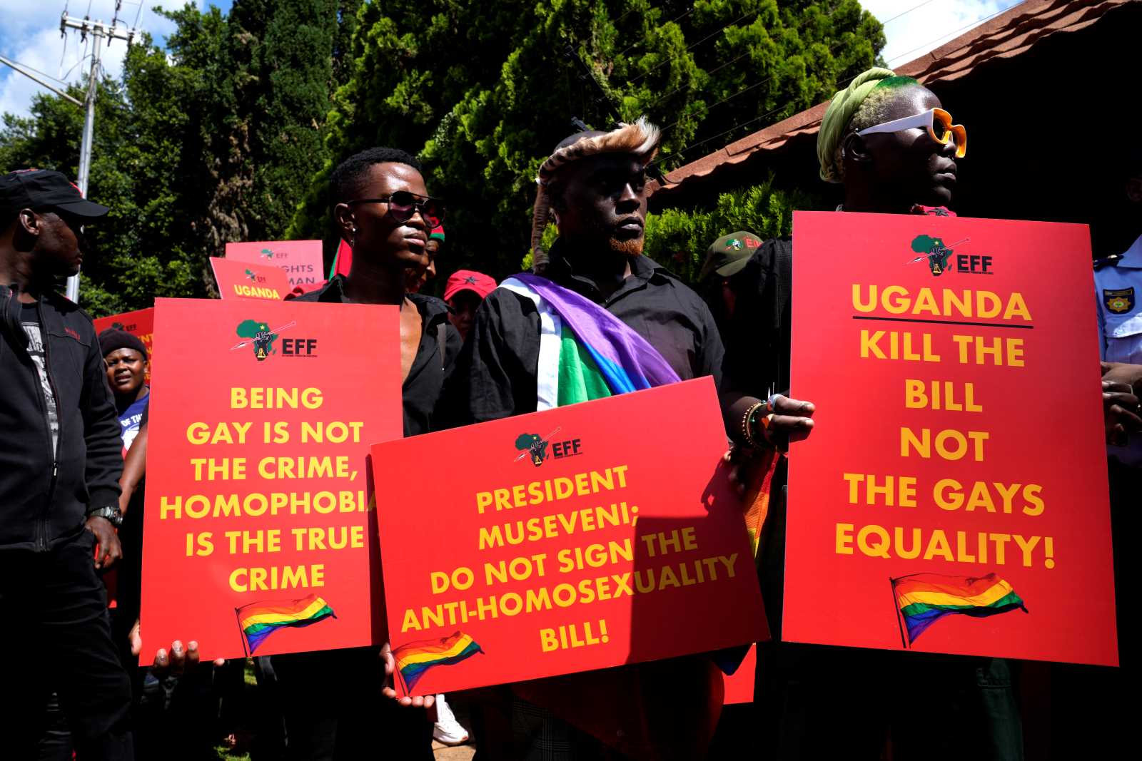 Proteste gegen das ugandische Anti-Homosexualitätsgesetz vor dem ugandischen Hochkommissariat in Pretoria, Südafrika, 2023.