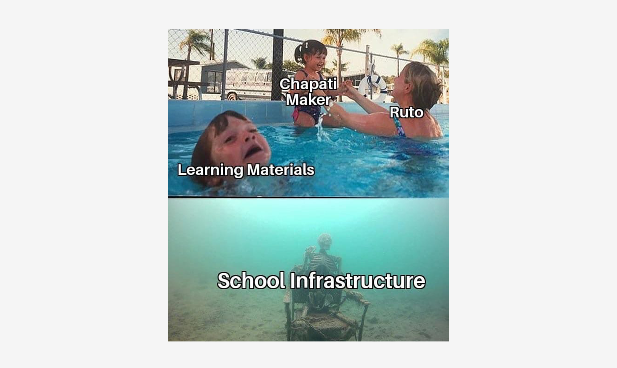 This meme spread in Kenya following President William Ruto’s announcement to buy a machine that makes chapati –  a popular flatbread – for schools. Many consider this to be superfluous compared to other problems in the country.