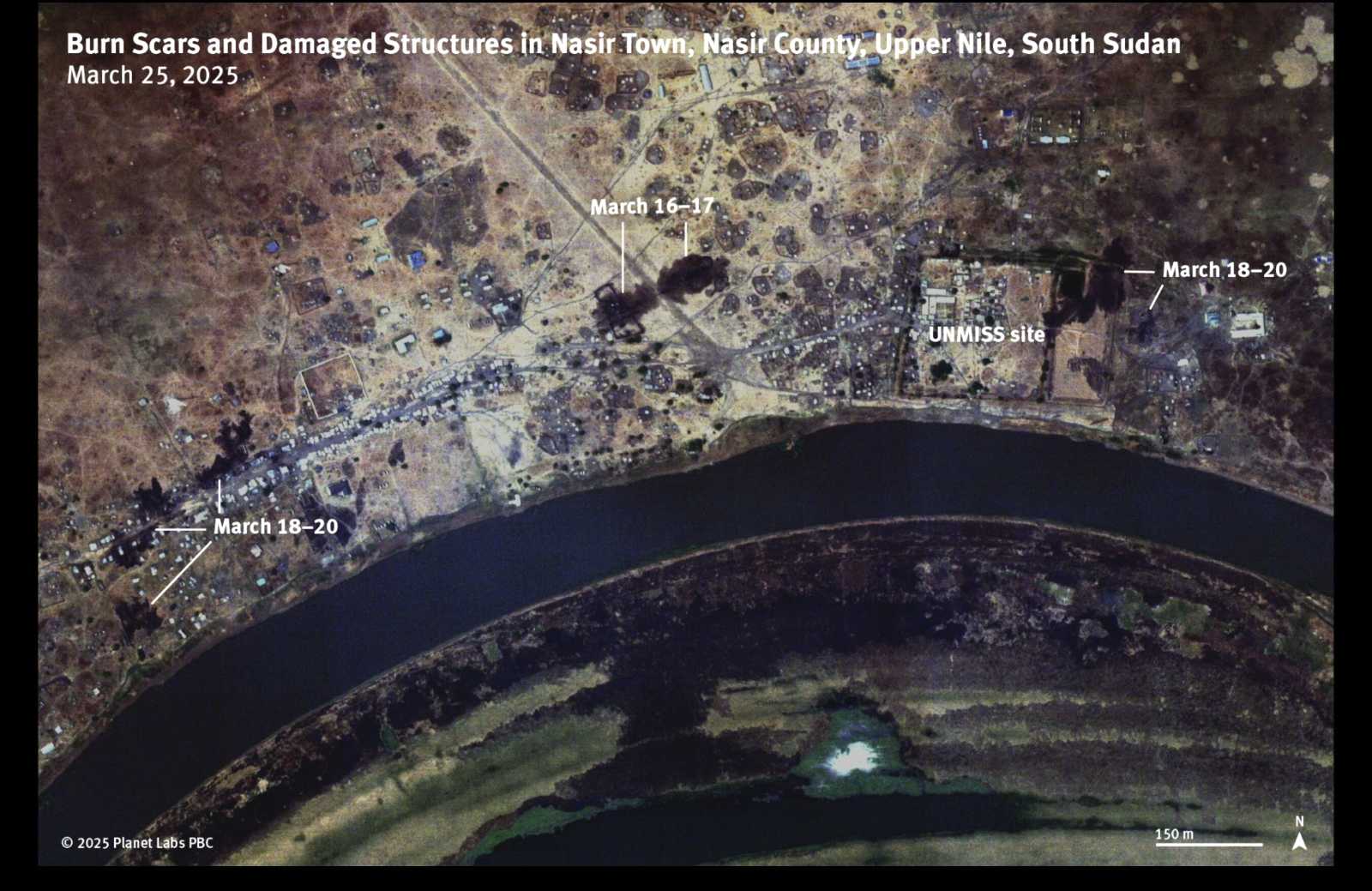 Satellite image from Planet Labs taken on 25 March in the Nasir district of Upper Nile State, South Sudan. It shows where airstrikes by government forces have destroyed civilian infrastructure.
