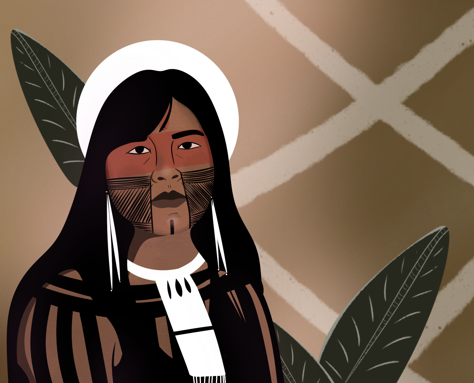 The work “Activist Mayalú Kokometi Waurá Txucarramãe” by artist Yacunã Tuxá is a visual homage to the strength and resilience of Indigenous women. It was inspired by the activist Mayalú Txucarramãe, a strong voice in the fight to protect the rainforest and the rights of Indigenous Peoples.