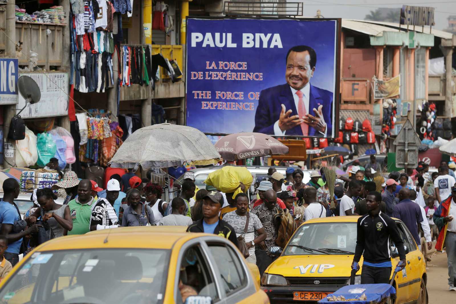 A 2018 election poster from Cameroon. This year, 92-year-old President Biya, the world’s oldest head of state, is running for office for the eighth time.