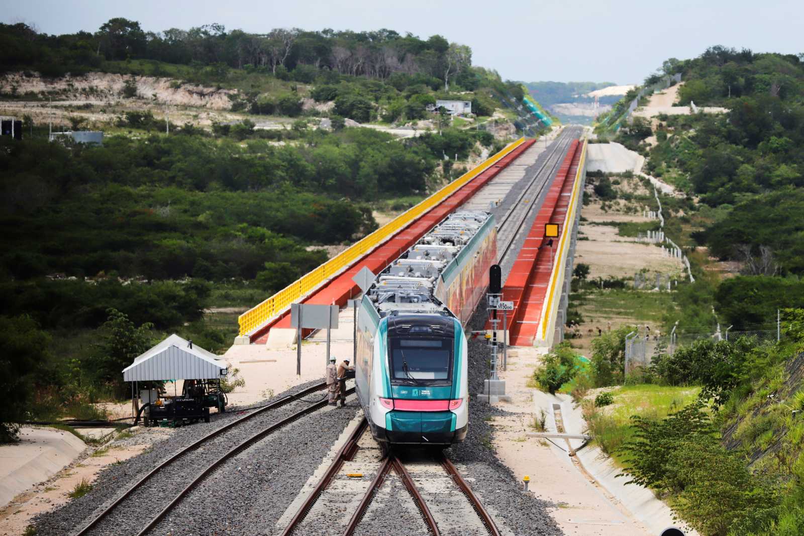 A Maya Train carriage arrives at a station in Campeche, Mexico.