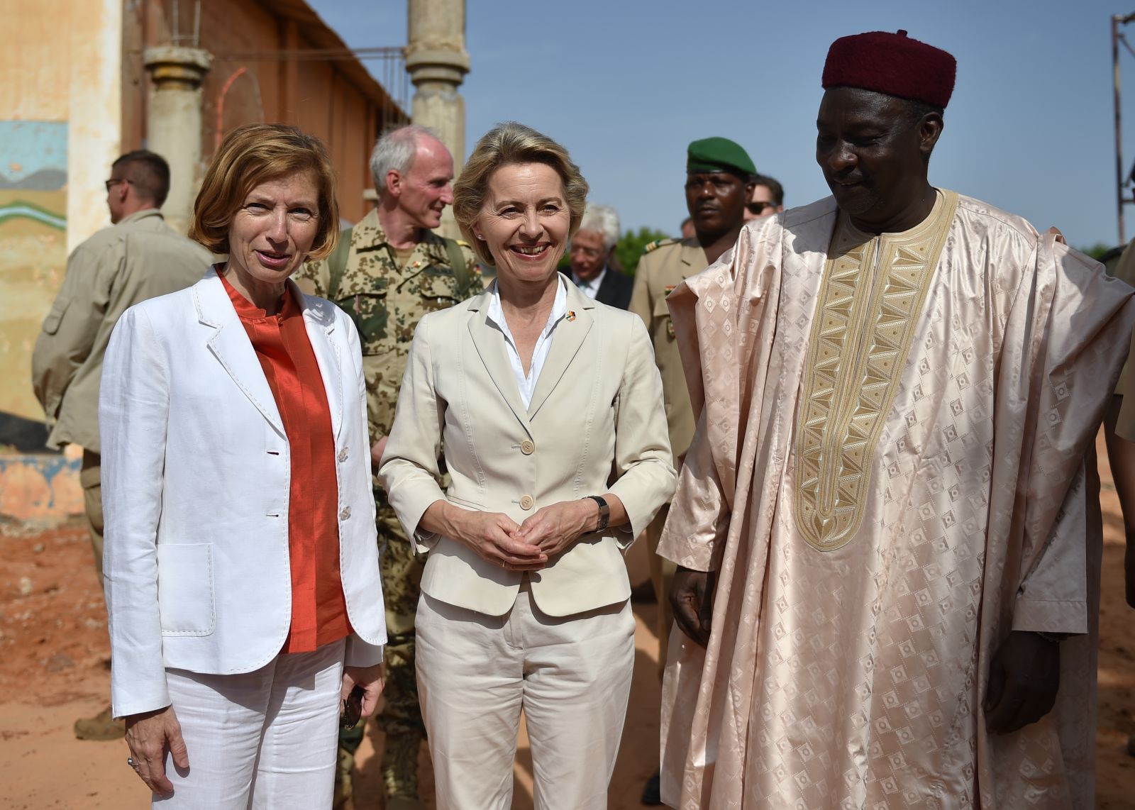 The French and German ministers of defence, Florence Parly and Ursula von der Leyen, with their Nigerian counterpart Kalla Moutari visiting the construction site of the headquarters of the G5 Sahel Joint Force in Niamey in 2017.