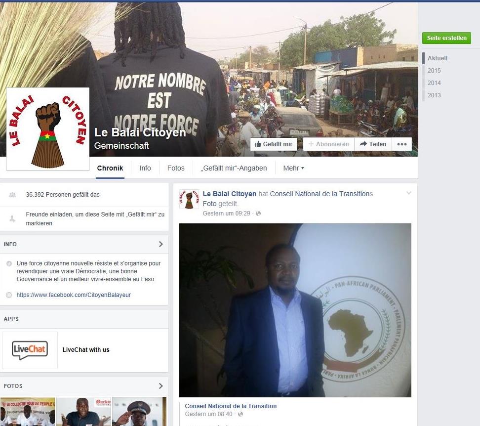 Facebook page of the political movement Balai Citoyen (civic broom) in Burkina Faso.