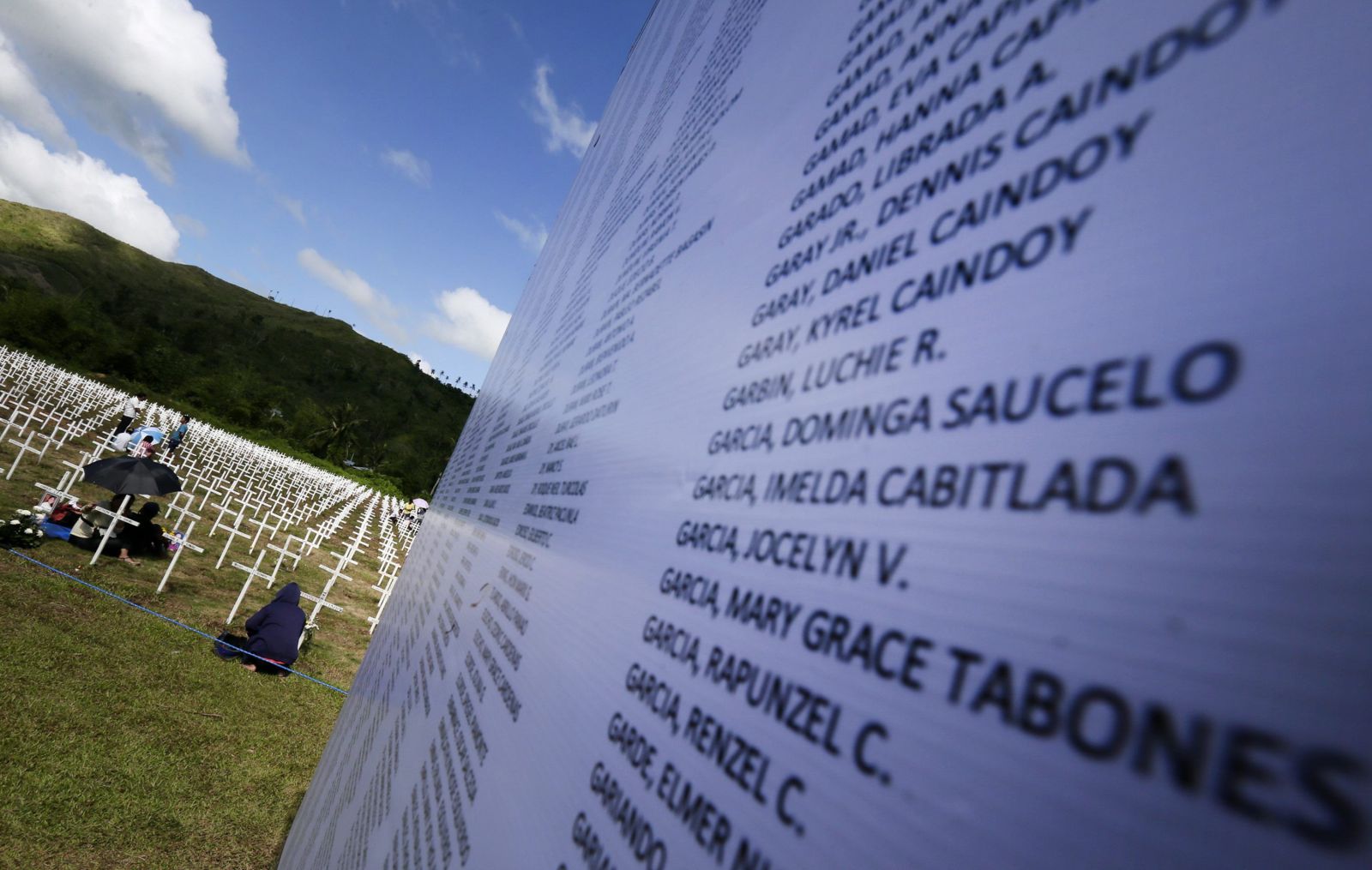 A list of typhoon victims at a mass grave site for 3,000 typhoon victims in Tacloban.