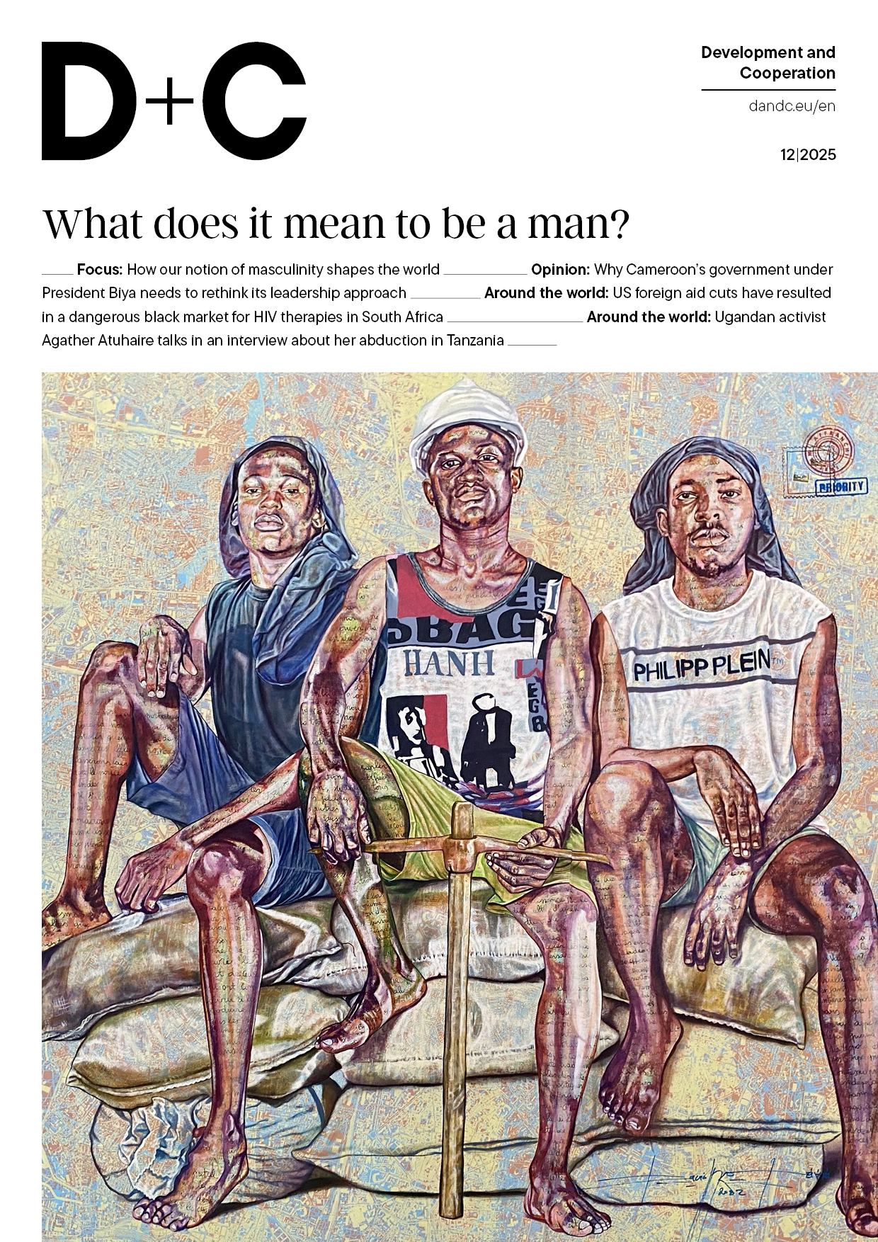 Three young men are sitting on sacks, one is holding a pickaxe.