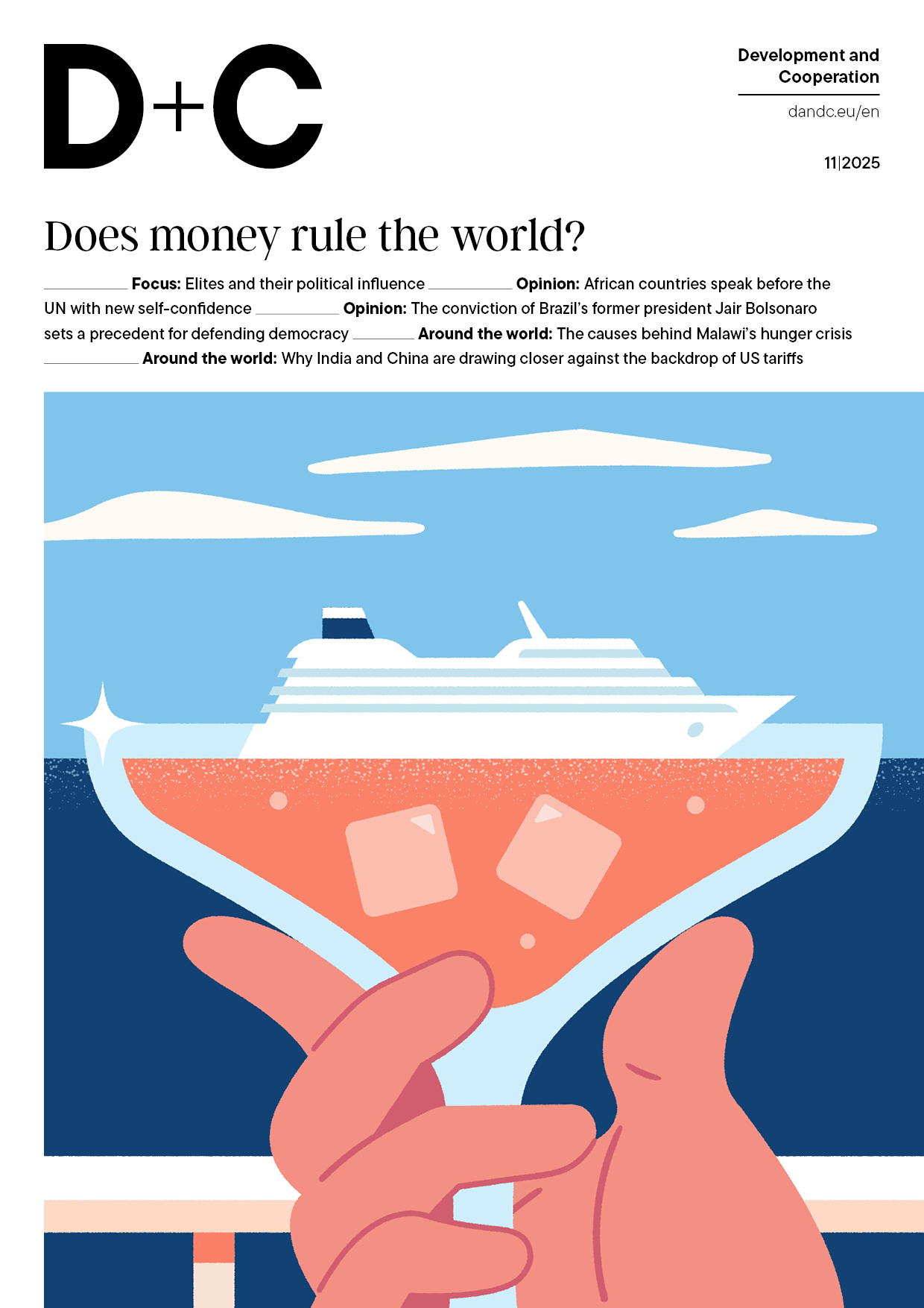 Cover of the magazine "D+C Development and Cooperation" with the question "Does money rule the world?" and an illustration of a cruise ship visually appearing to float inside a cocktail glass with ice cubes.