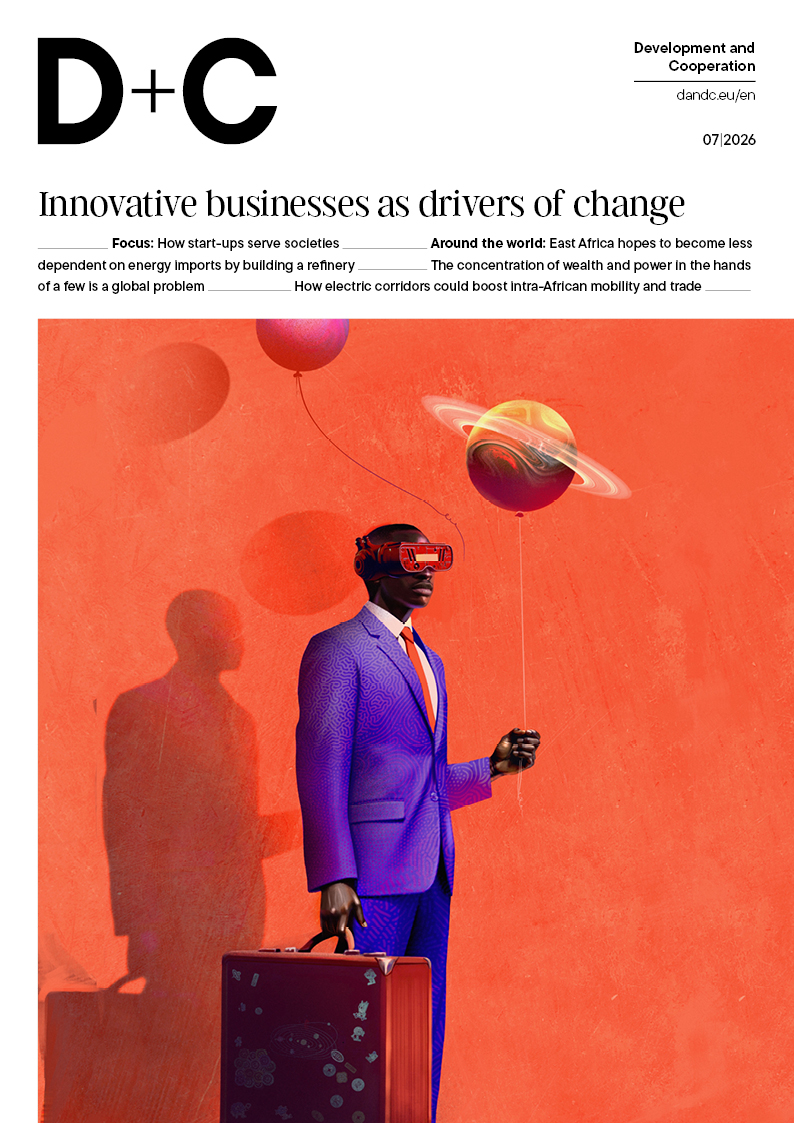 D+C magazine cover (“Innovative businesses as drivers of change”) showing an illustration of a person in a purple suit wearing a VR headset, holding a suitcase and a planet-shaped balloon against an orange background.