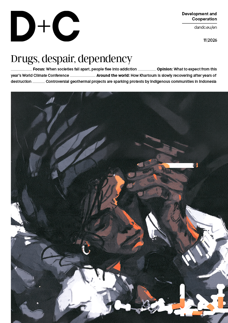 Cover of the D+C Development and Cooperation magazine, issue 11/2026: an illustrated person with bowed head holds a lit cigarette in a dark setting.