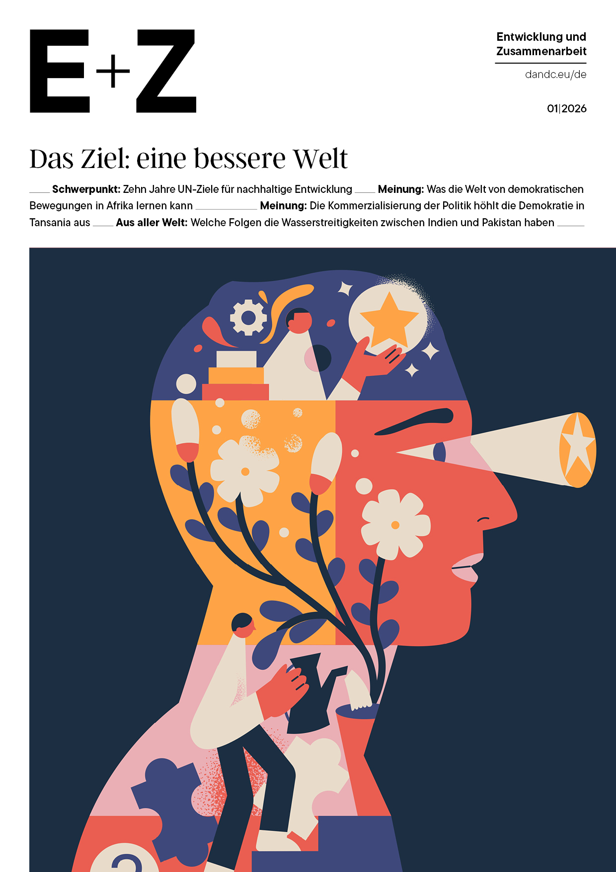 Titelbild der Zeitschrift „E+Z – Entwicklung und Zusammenarbeit“ mit einer stilisierten Illustration eines menschlichen Profils voller Symbole wie Blumen, Zahnräder, Puzzleteile und Figuren, die für Vision, Wachstum und nachhaltige Entwicklung stehen.