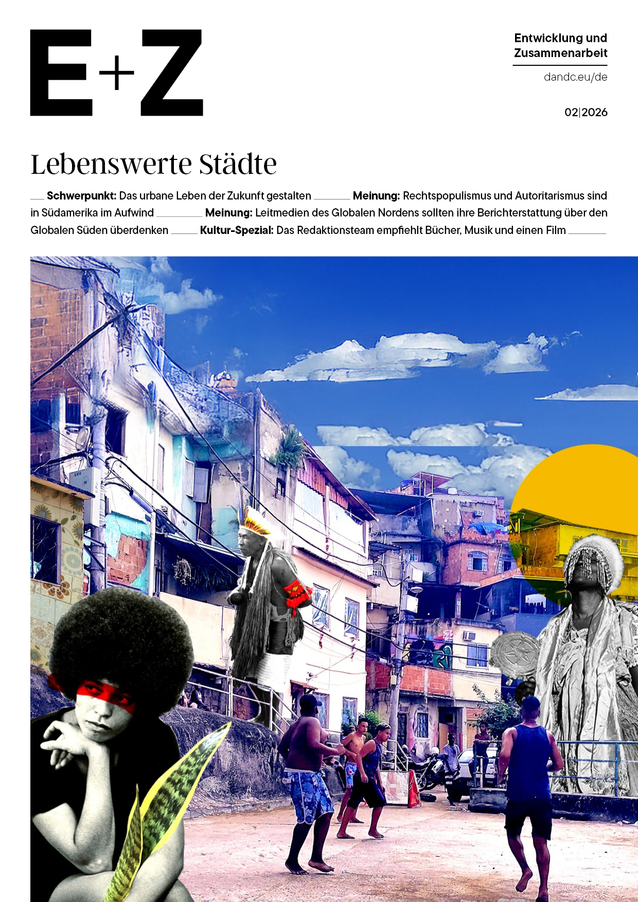 Collage von verschiedenen Menschen in einer urbanen Umgebung mit Wohngebäuden unter einem blauen Himmel.