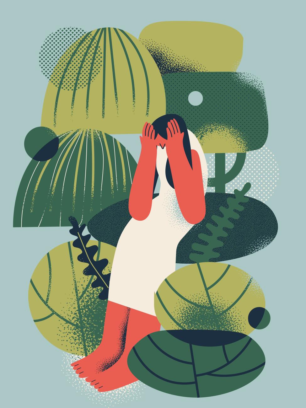 A stylised person with red skin and a white dress sits among large leaves and plants, holding their head in a gesture of distress or overwhelm.