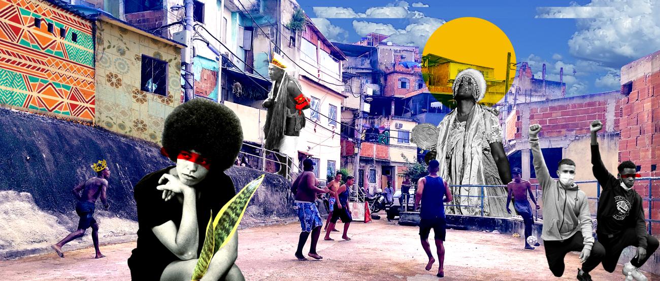 Collage featuring a favela scene with playing children, Afro-Brazilian and Indigenous symbolic figures, cultural patterns, and protest imagery under a blue sky with graphic elements.
