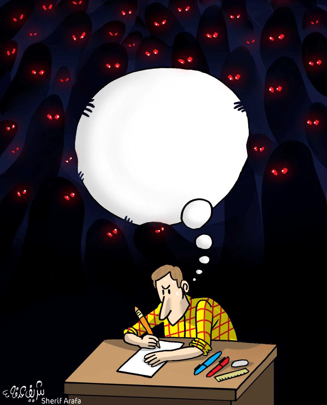 Cartoon: man writing at a desk, surrounded by shadowy figures with red eyes; a large blank thought bubble above him.