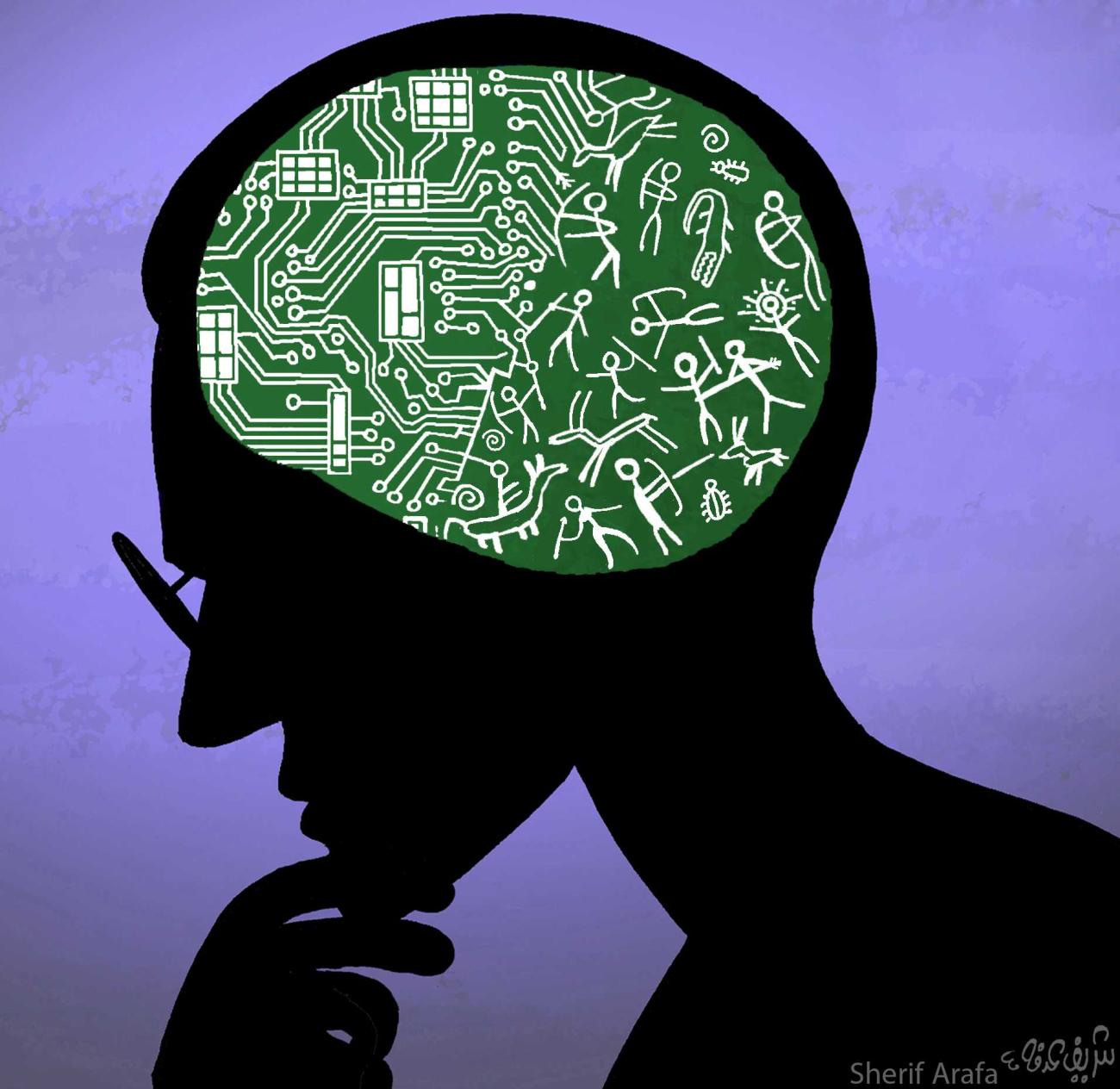 Cartoon: silhouette head with a brain showing circuit traces and microchips alongside cave-painting-style figures and animals.