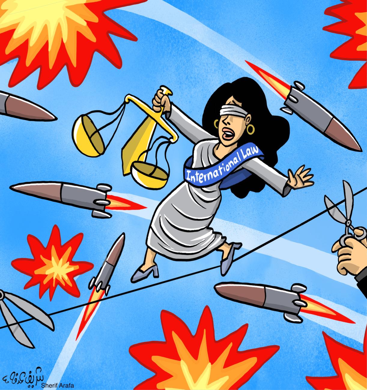 blindfolded Lady Justice with scales and “International law” sash is surrounded by missiles and explosions.