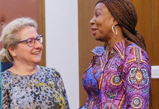 Svenja Schulze, Germany’s minister for economic cooperation and development, visiting Kandia Camara, Côte d’Ivoire’s foreign minister, in early 2023. 