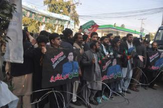 Angry supporters of Imran Khan in Rawalpindi in mid-February.  