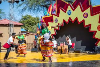 Artists from Uganda perform at a crafts fair in Faridabad, India.