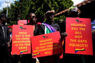 Protests against Uganda’s anti-homosexuality bill at the Ugandan High Commission in Pretoria, South Africa, 2023