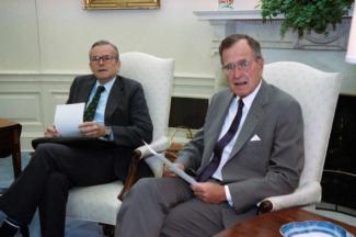 Combined with incentives, generosity works: Nicholas Brady and George Bush Sr. at the White House in 1990.