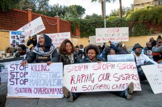 Cameroonians in the diaspora gathered to protest in Rome in 2017 at the start of the Anglophone conflict. The crisis continues to this day.