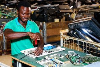 ERG salvages usable parts from discarded digital devices and sorts the waste materials for recycling purposes. 