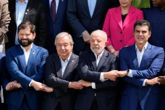 Chile’s President Gabriel Boric, United Nations Secretary General António Guterres, Brazil’s President Luiz Inácio Lula da Silva and Helder Barbalho, governor of the Brazilian state of Pará, at the U.N. Climate Summit in Belém, Brazil.