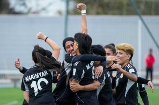 Members of the Afghan women’s team celebrate a goal in October 2025. At the time, the team was still competing under the name “Afghan Women United”. 