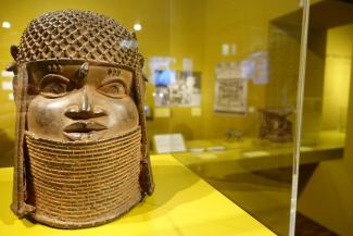 Commemorative heads of kings of ancient Benin, cast from the Igun Eronmwon bronze-casting guild in the former kingdom of Benin.