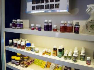 Regulated cannabis products on display in a shop in Montevideo.