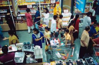 Supermarket chains destroy traditional shops and markets. Supermarket in Mumbai, India.