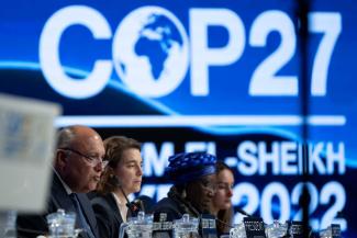 Sameh Shoukry (left), Foreign Minister of Egypt, speaks during the closing ceremony at the UN Climate Summit COP27.