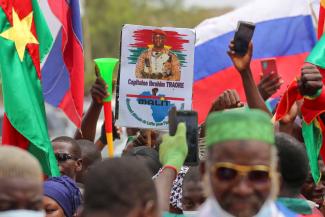 Russian flags at pro-coup rally in Ouagadougou in mid-October.