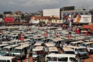 Bus station for shared-taxis in Kampala, the capital of Uganda.