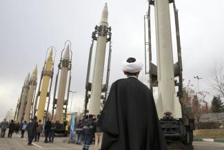 People visiting a military exposition in Tehran in February 2019.