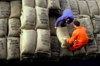 African countries are still commodity exporters: workers handling a cocoa shipment from Cote d’Ivoire in Amsterdam.