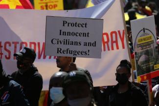 Protesters in London are rallying against the Tigray conflict.